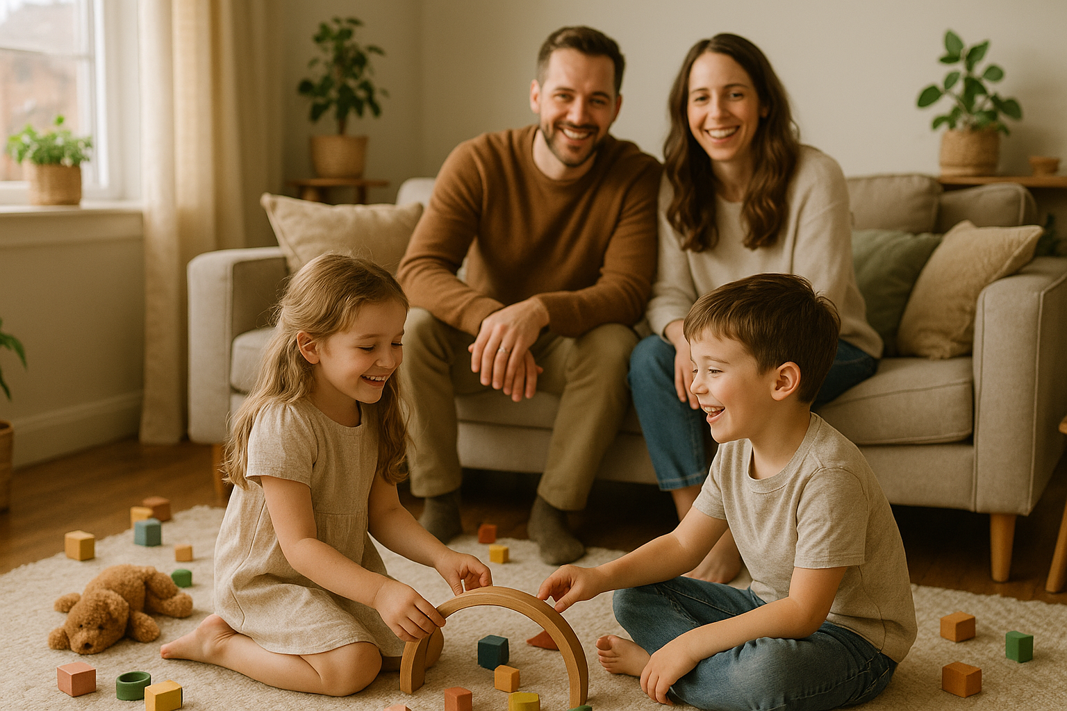 create an image of a family at home that speaks to kids clothing and home life